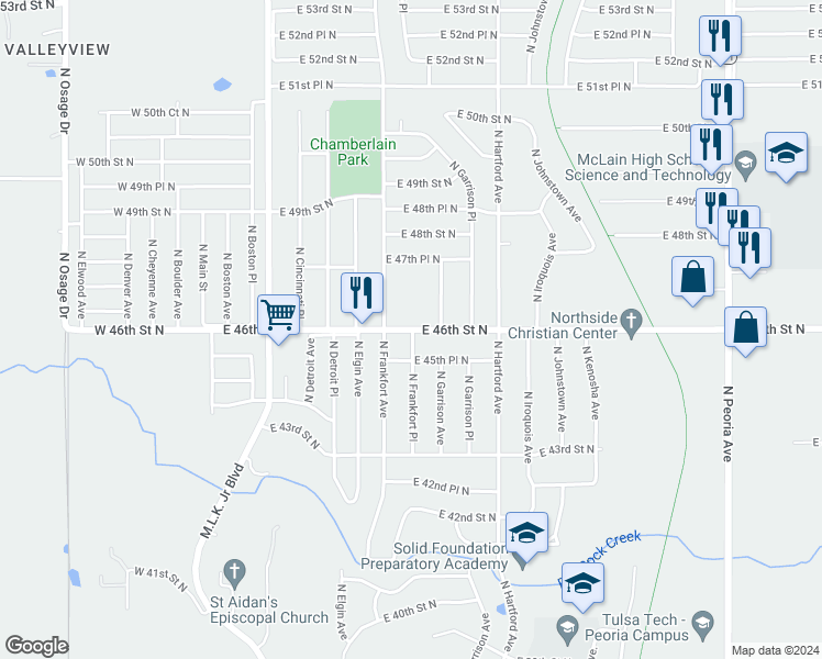 map of restaurants, bars, coffee shops, grocery stores, and more near 525 East 46th Street North in Tulsa