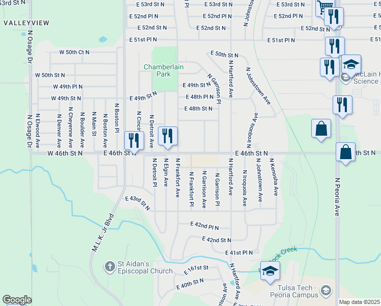 map of restaurants, bars, coffee shops, grocery stores, and more near 525 East 46th Street North in Tulsa