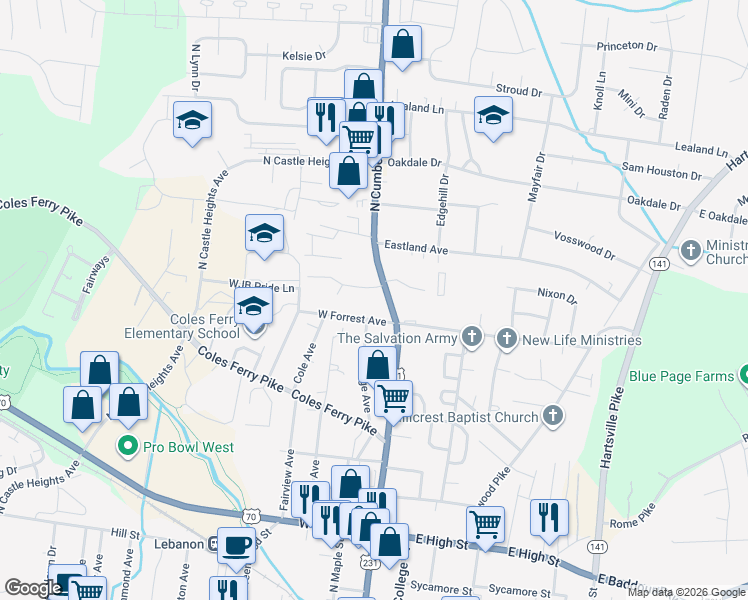 map of restaurants, bars, coffee shops, grocery stores, and more near 806 North Cumberland Street in Lebanon