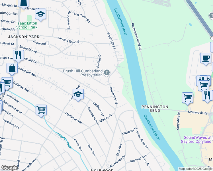 map of restaurants, bars, coffee shops, grocery stores, and more near 3631 Brush Hill Road in Nashville