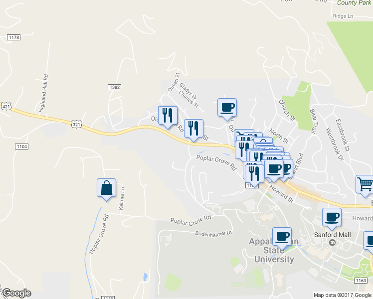 map of restaurants, bars, coffee shops, grocery stores, and more near 130 Poplar Grove Connector in Boone