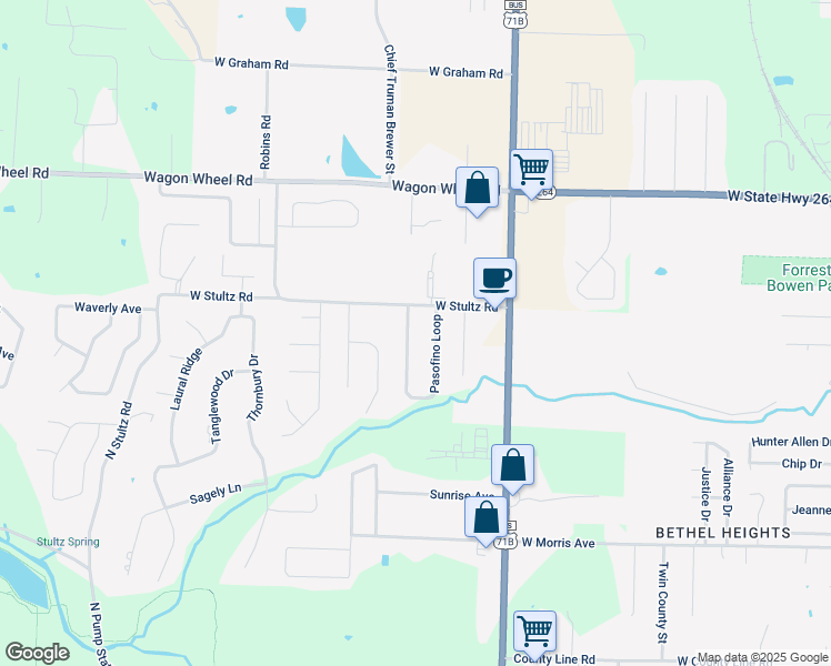 map of restaurants, bars, coffee shops, grocery stores, and more near 3498 Pasofino Loop in Springdale
