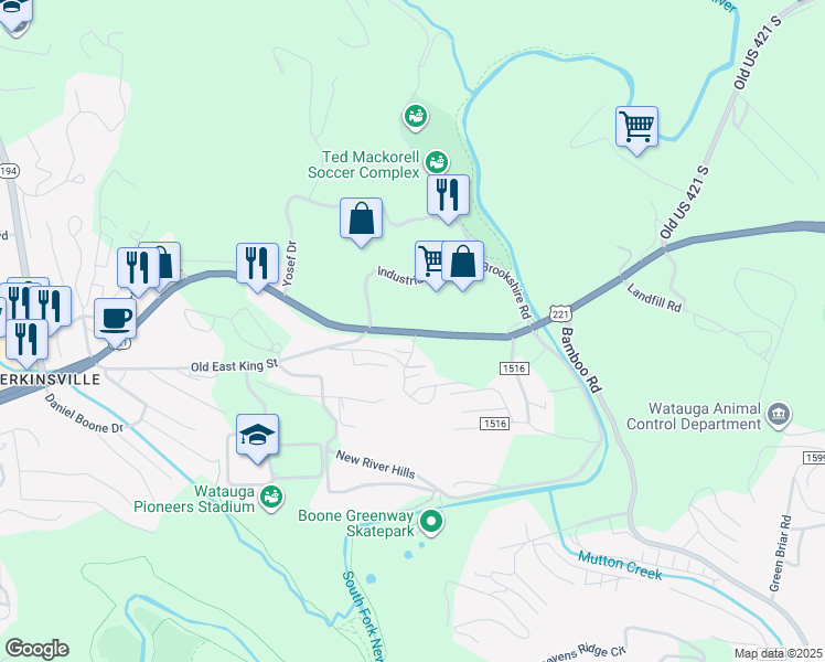 map of restaurants, bars, coffee shops, grocery stores, and more near 290 North Hampton Road in Boone