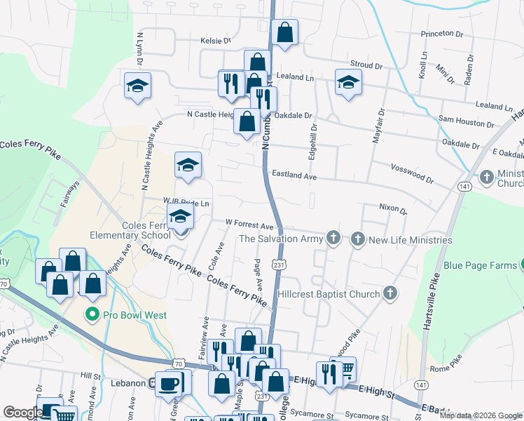 map of restaurants, bars, coffee shops, grocery stores, and more near 806 North Cumberland Street in Lebanon