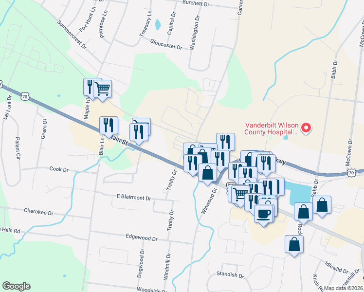 map of restaurants, bars, coffee shops, grocery stores, and more near 106 Carver Lane in Lebanon