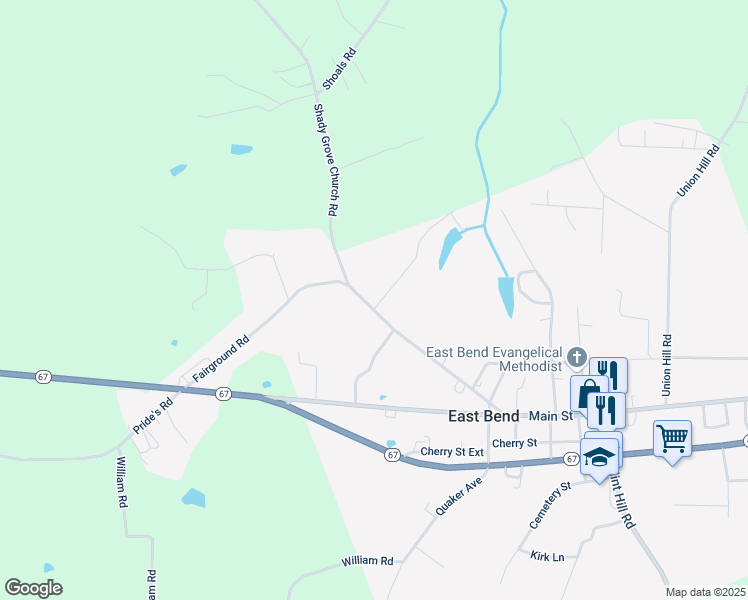 map of restaurants, bars, coffee shops, grocery stores, and more near 301 Martin Acres Drive in East Bend