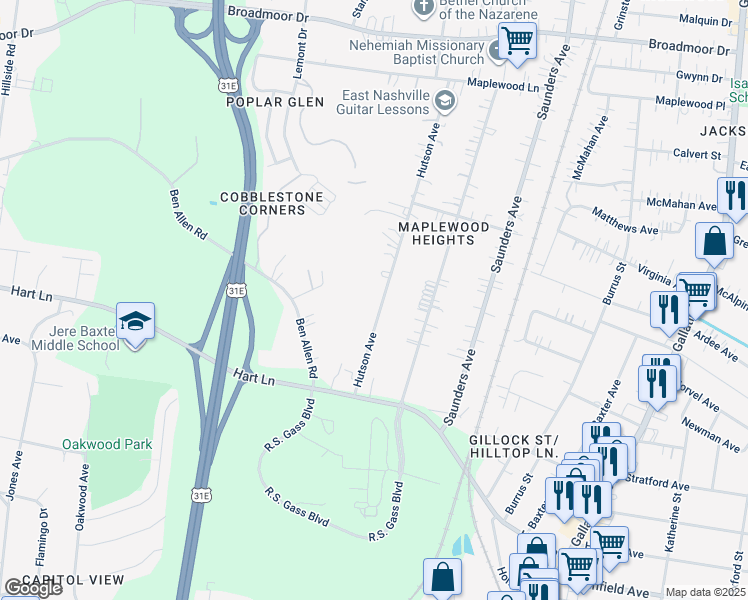 map of restaurants, bars, coffee shops, grocery stores, and more near 3842 Hutson Avenue in Nashville