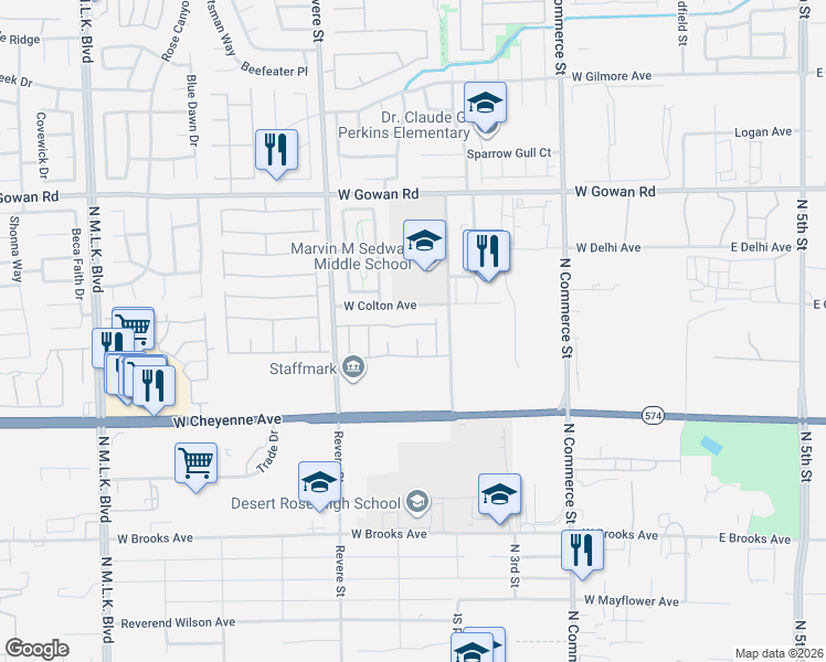 map of restaurants, bars, coffee shops, grocery stores, and more near 555 Twilight Blue Avenue in North Las Vegas