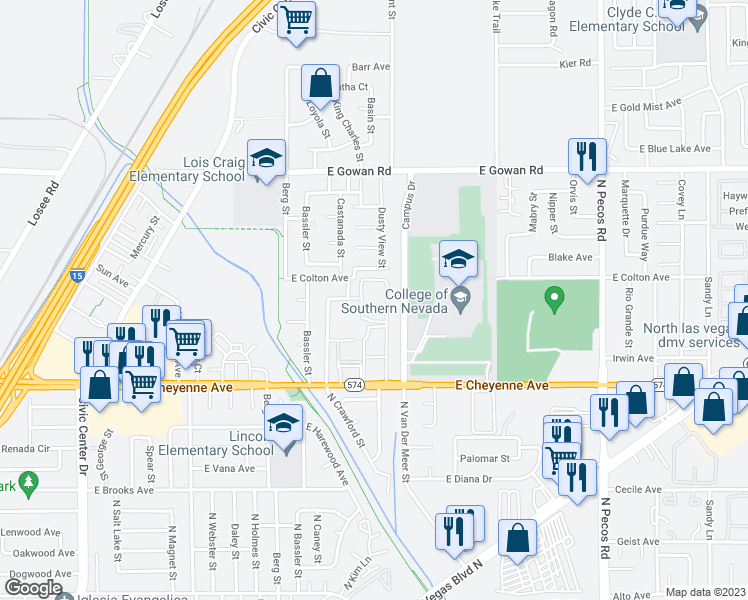 map of restaurants, bars, coffee shops, grocery stores, and more near 2860 East Cheyenne Avenue in North Las Vegas