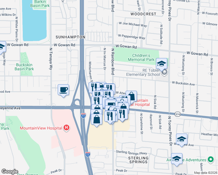 map of restaurants, bars, coffee shops, grocery stores, and more near 6801 West Selkirk Circle in Las Vegas