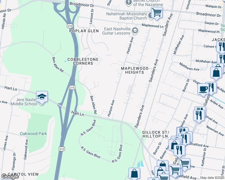 map of restaurants, bars, coffee shops, grocery stores, and more near 3842 Hutson Avenue in Nashville