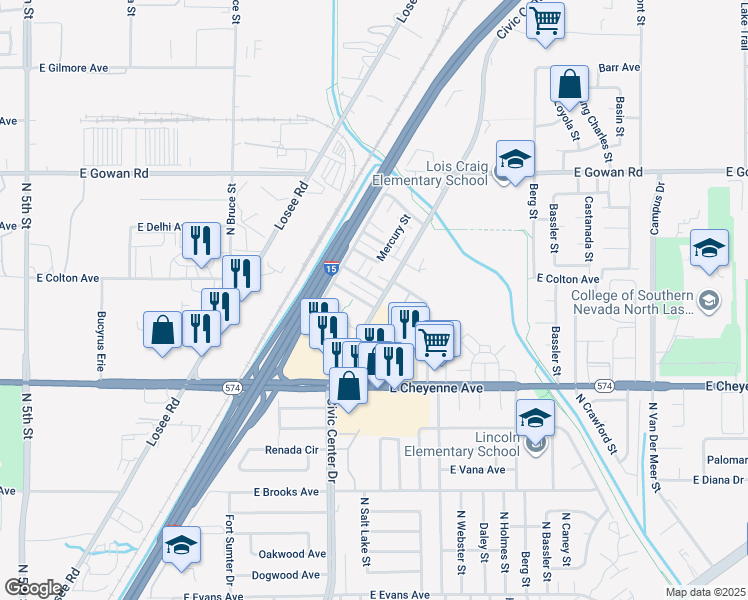 map of restaurants, bars, coffee shops, grocery stores, and more near in North Las Vegas