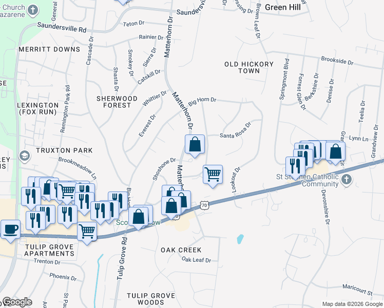 map of restaurants, bars, coffee shops, grocery stores, and more near 26 Shoshone Court in Green Hill