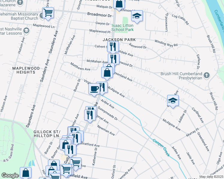 map of restaurants, bars, coffee shops, grocery stores, and more near 1108 Mcalpine Ave in Nashville
