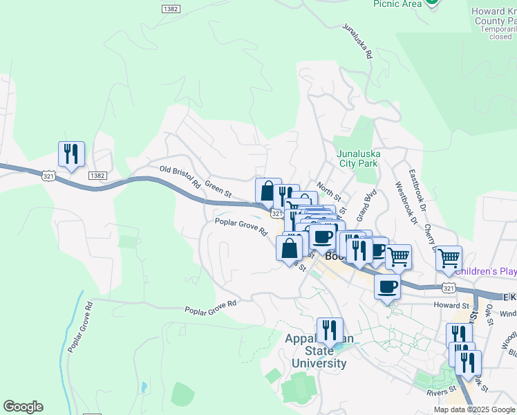 map of restaurants, bars, coffee shops, grocery stores, and more near 921 West King Street in Boone