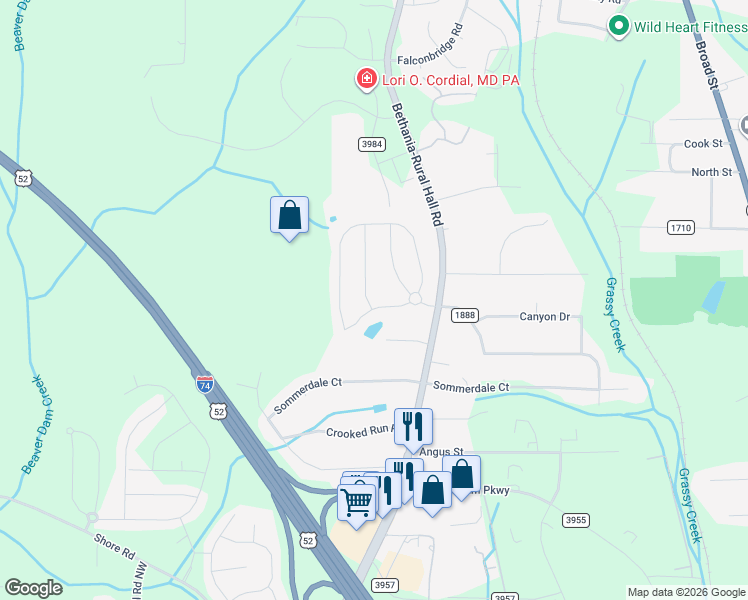 map of restaurants, bars, coffee shops, grocery stores, and more near 839 Bitting Hall Drive in Rural Hall