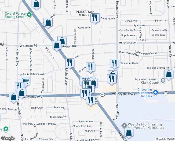 map of restaurants, bars, coffee shops, grocery stores, and more near 5249 Ricky Road in Las Vegas