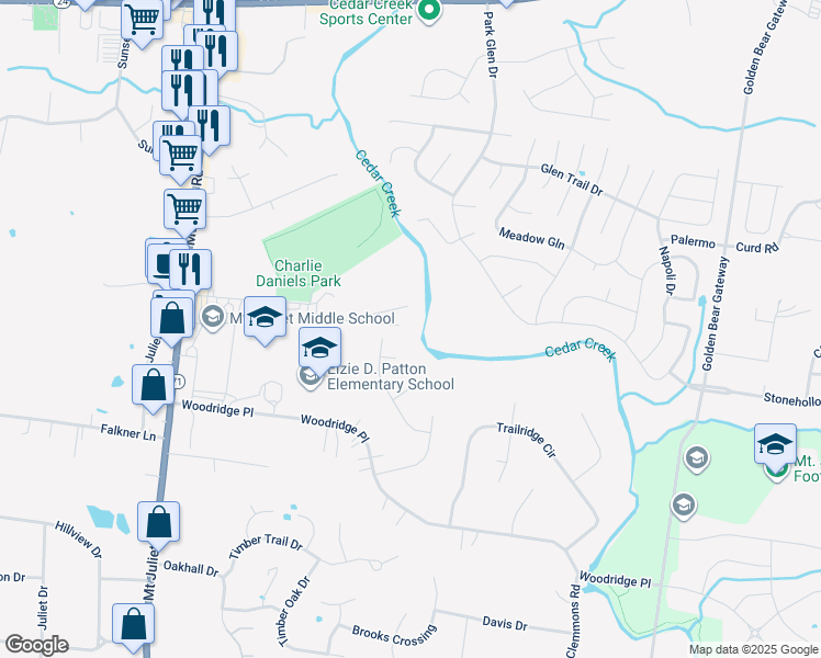 map of restaurants, bars, coffee shops, grocery stores, and more near 1040 Charlie Daniels Parkway in Mt. Juliet