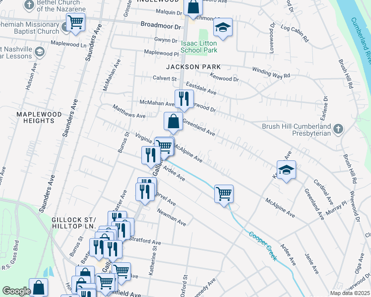 map of restaurants, bars, coffee shops, grocery stores, and more near 1111 McAlpine Avenue in Nashville