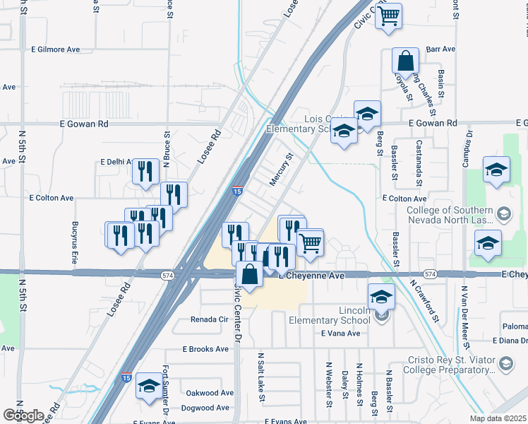 map of restaurants, bars, coffee shops, grocery stores, and more near 2120 Venus Avenue in North Las Vegas