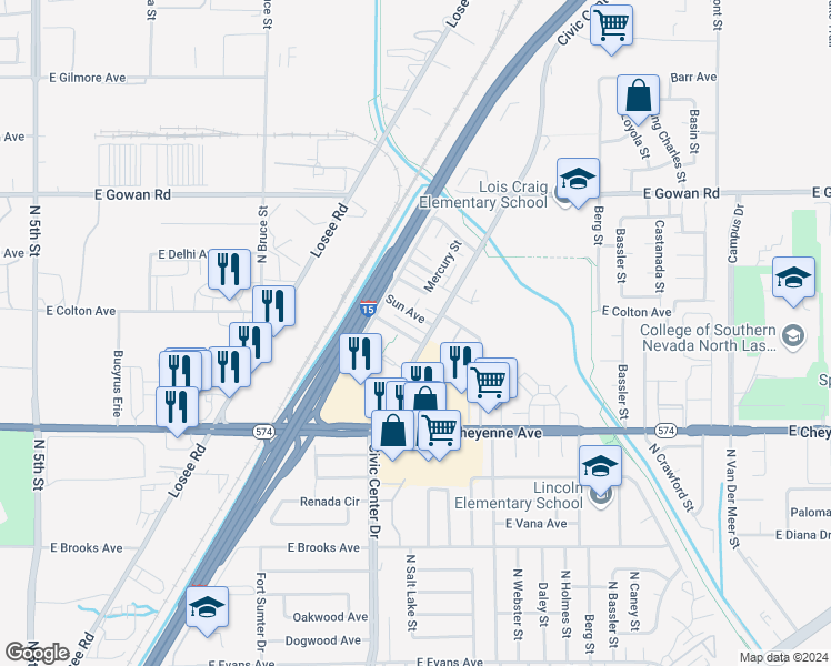 map of restaurants, bars, coffee shops, grocery stores, and more near in North Las Vegas