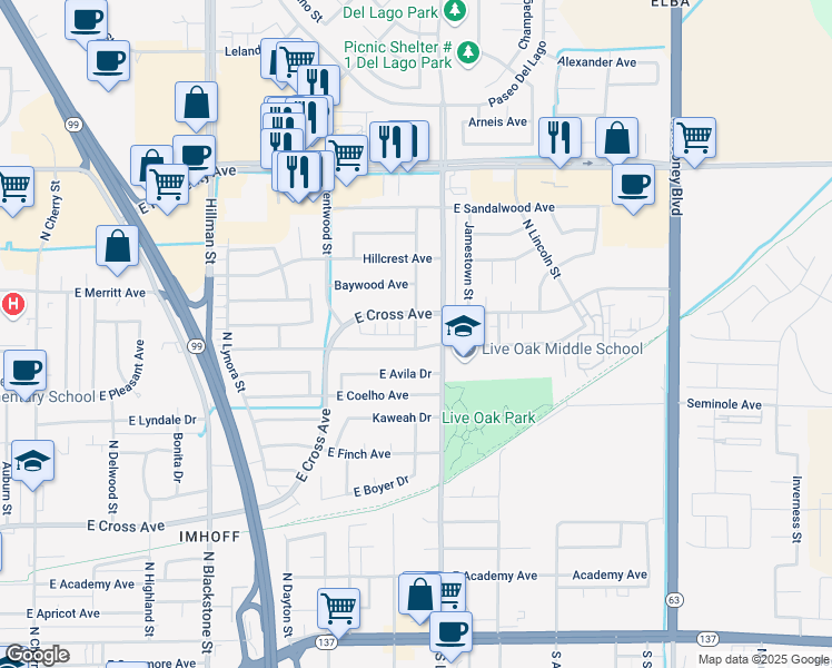 map of restaurants, bars, coffee shops, grocery stores, and more near 1574 East Ben Franklin Avenue in Tulare