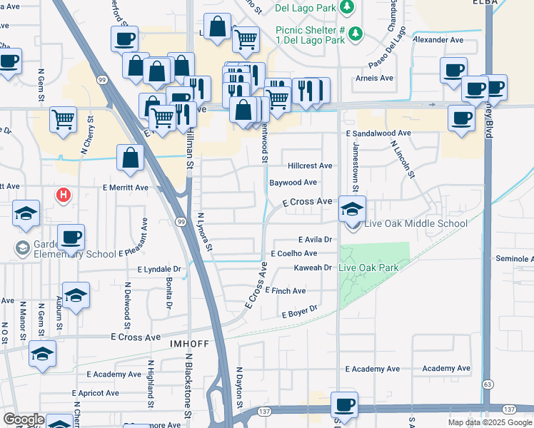 map of restaurants, bars, coffee shops, grocery stores, and more near 1392 East Ben Franklin Avenue in Tulare