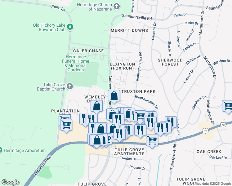 map of restaurants, bars, coffee shops, grocery stores, and more near 4779 Andrew Jackson Parkway in Nashville