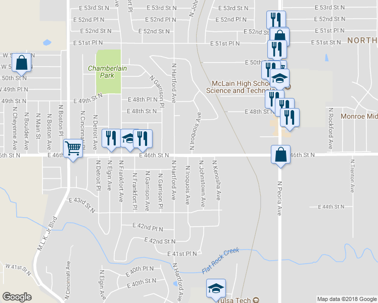 map of restaurants, bars, coffee shops, grocery stores, and more near 727 East 46th Street North in Tulsa