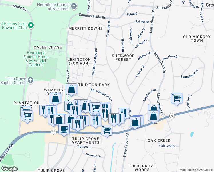 map of restaurants, bars, coffee shops, grocery stores, and more near 2249 Crescent Valley Lane in Nashville