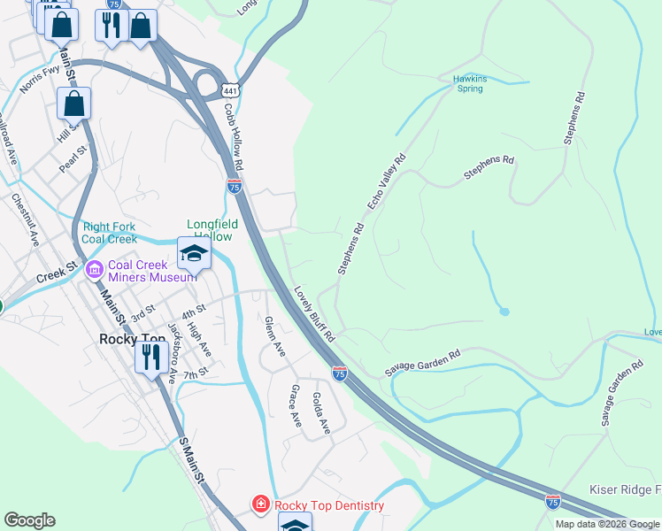 map of restaurants, bars, coffee shops, grocery stores, and more near 1010 Lovely Bluff Road in Rocky Top