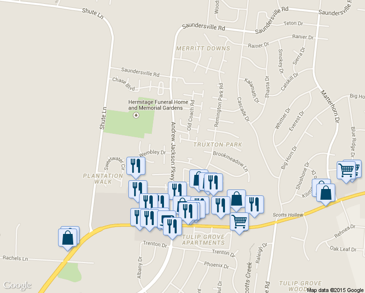 map of restaurants, bars, coffee shops, grocery stores, and more near 4779 Andrew Jackson Parkway in Nashville