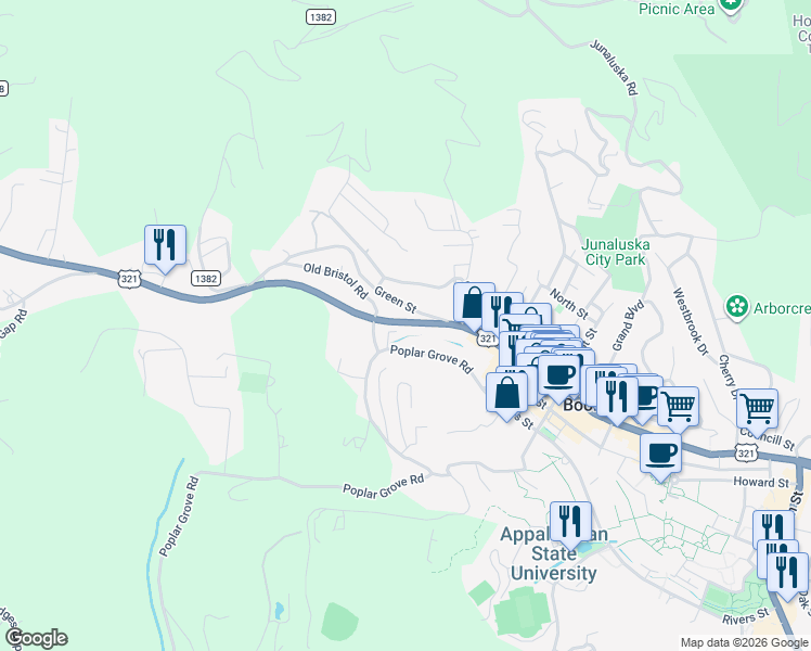 map of restaurants, bars, coffee shops, grocery stores, and more near 1041 West King Street in Boone