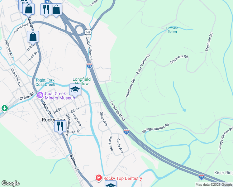 map of restaurants, bars, coffee shops, grocery stores, and more near 1010 Lovely Bluff Road in Rocky Top