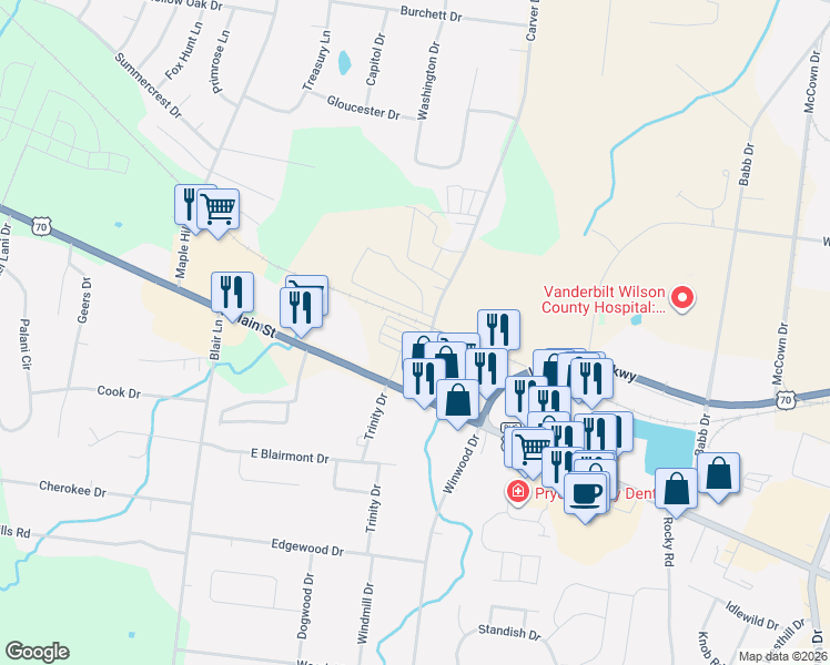 map of restaurants, bars, coffee shops, grocery stores, and more near 107 Carver Lane in Lebanon