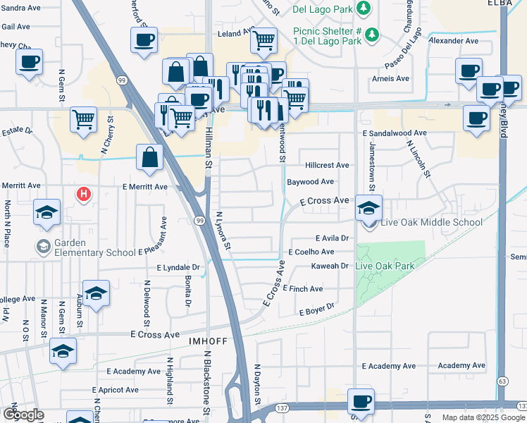 map of restaurants, bars, coffee shops, grocery stores, and more near 1287 East Fairview Avenue in Tulare