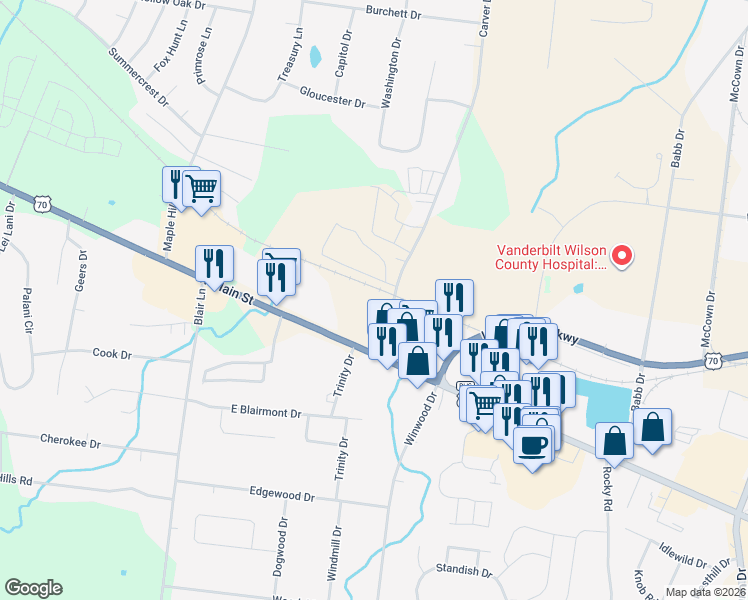map of restaurants, bars, coffee shops, grocery stores, and more near 107 Carver Lane in Lebanon