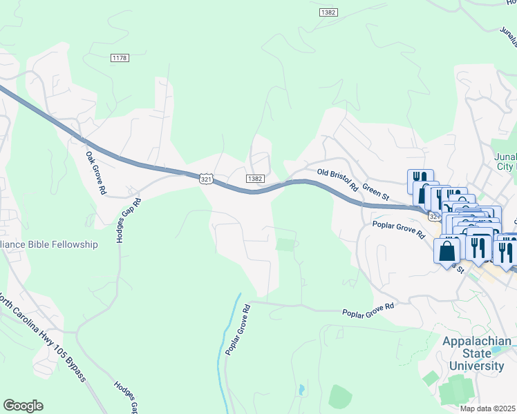 map of restaurants, bars, coffee shops, grocery stores, and more near 1469 West King Street in Boone