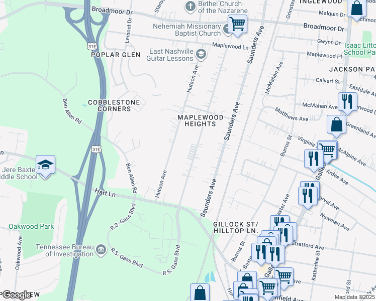 map of restaurants, bars, coffee shops, grocery stores, and more near 3848 Edwards Avenue in Nashville