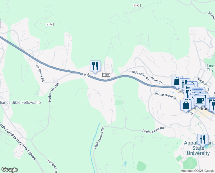 map of restaurants, bars, coffee shops, grocery stores, and more near 1469 West King Street in Boone