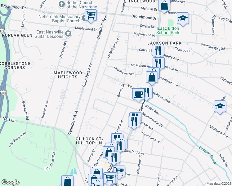 map of restaurants, bars, coffee shops, grocery stores, and more near 933 Curdwood Boulevard in Nashville