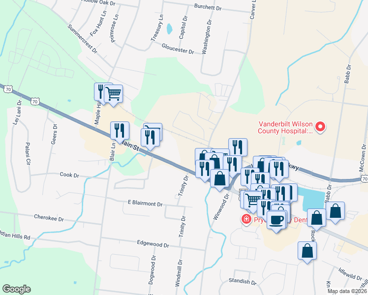 map of restaurants, bars, coffee shops, grocery stores, and more near 106 Carver Lane in Lebanon