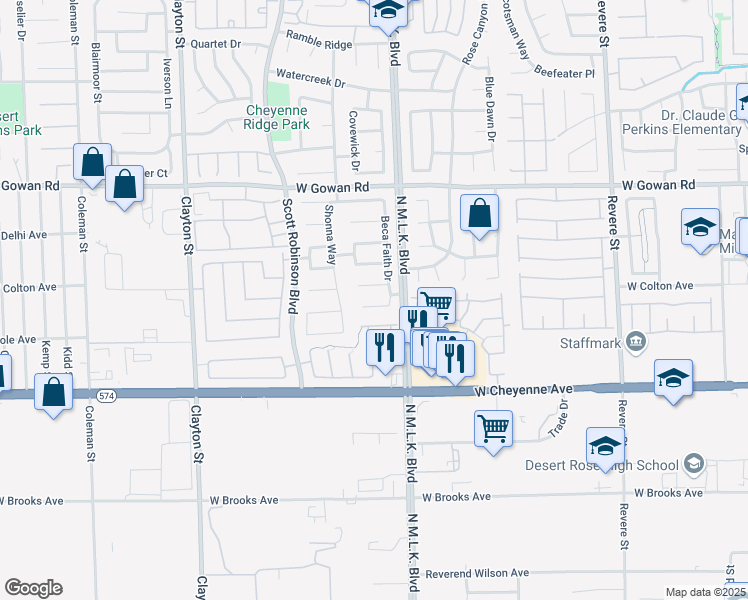 map of restaurants, bars, coffee shops, grocery stores, and more near 1532 Highfield Court in North Las Vegas