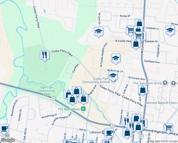 map of restaurants, bars, coffee shops, grocery stores, and more near 103 Creekside Village Court in Lebanon