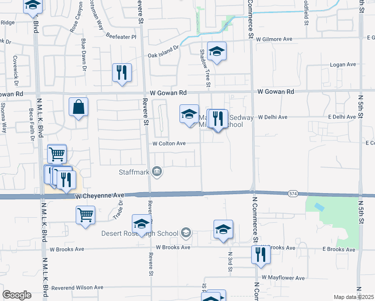 map of restaurants, bars, coffee shops, grocery stores, and more near 550 Twilight Blue Avenue in North Las Vegas