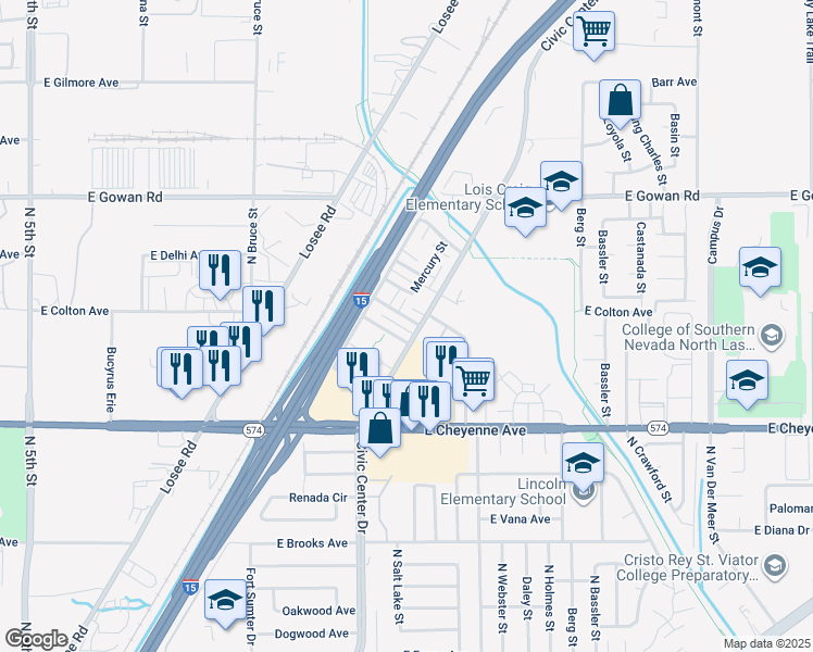 map of restaurants, bars, coffee shops, grocery stores, and more near 2201 Sun Avenue in North Las Vegas