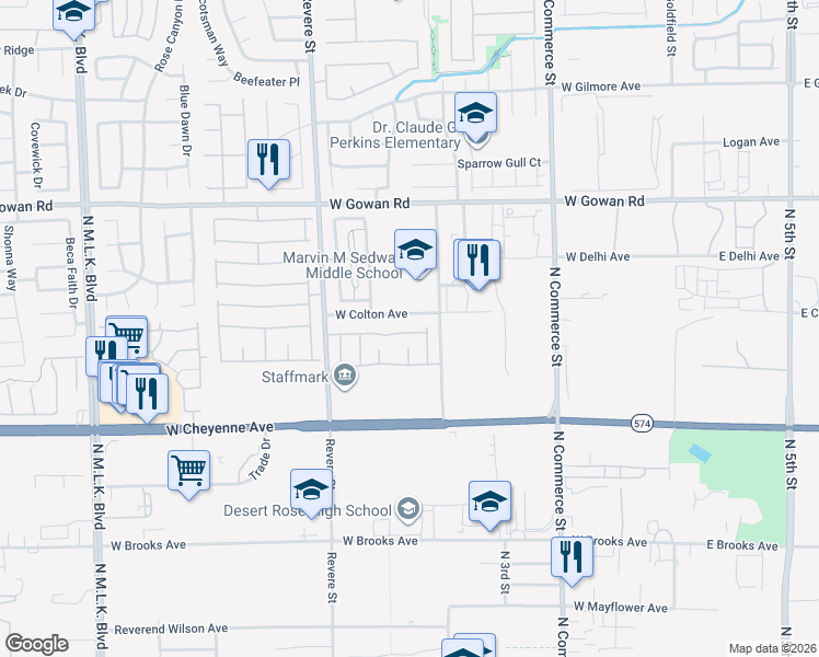 map of restaurants, bars, coffee shops, grocery stores, and more near 555 Twilight Blue Avenue in North Las Vegas