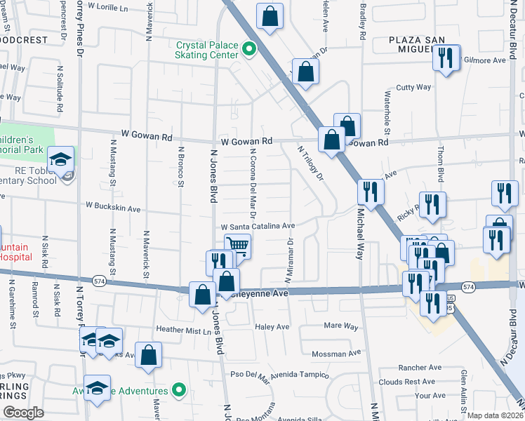 map of restaurants, bars, coffee shops, grocery stores, and more near 5824 West Santa Catalina Avenue in Las Vegas