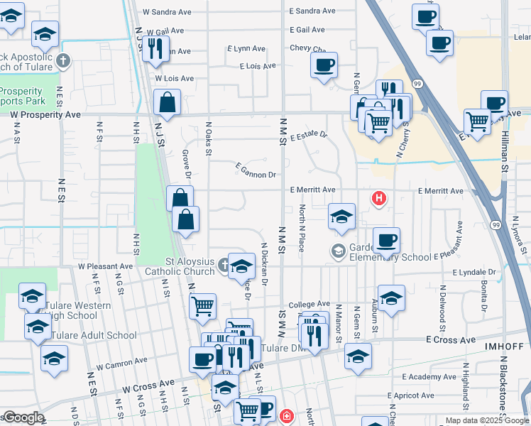 map of restaurants, bars, coffee shops, grocery stores, and more near 840 N Dickran Dr in Tulare