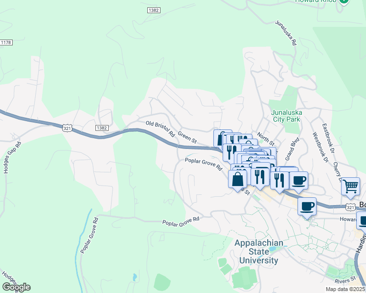 map of restaurants, bars, coffee shops, grocery stores, and more near 130 Poplar Grove Connector in Boone